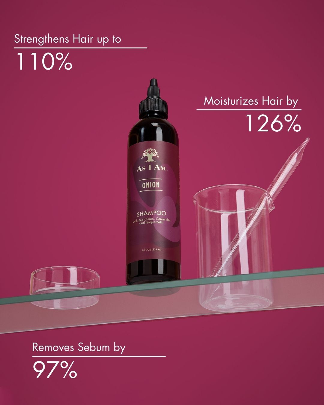 As I Am Onion shampoo bottle on a pink background with product benefits text.