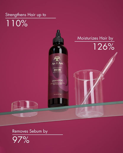 As I Am Onion shampoo bottle on a pink background with product benefits text.