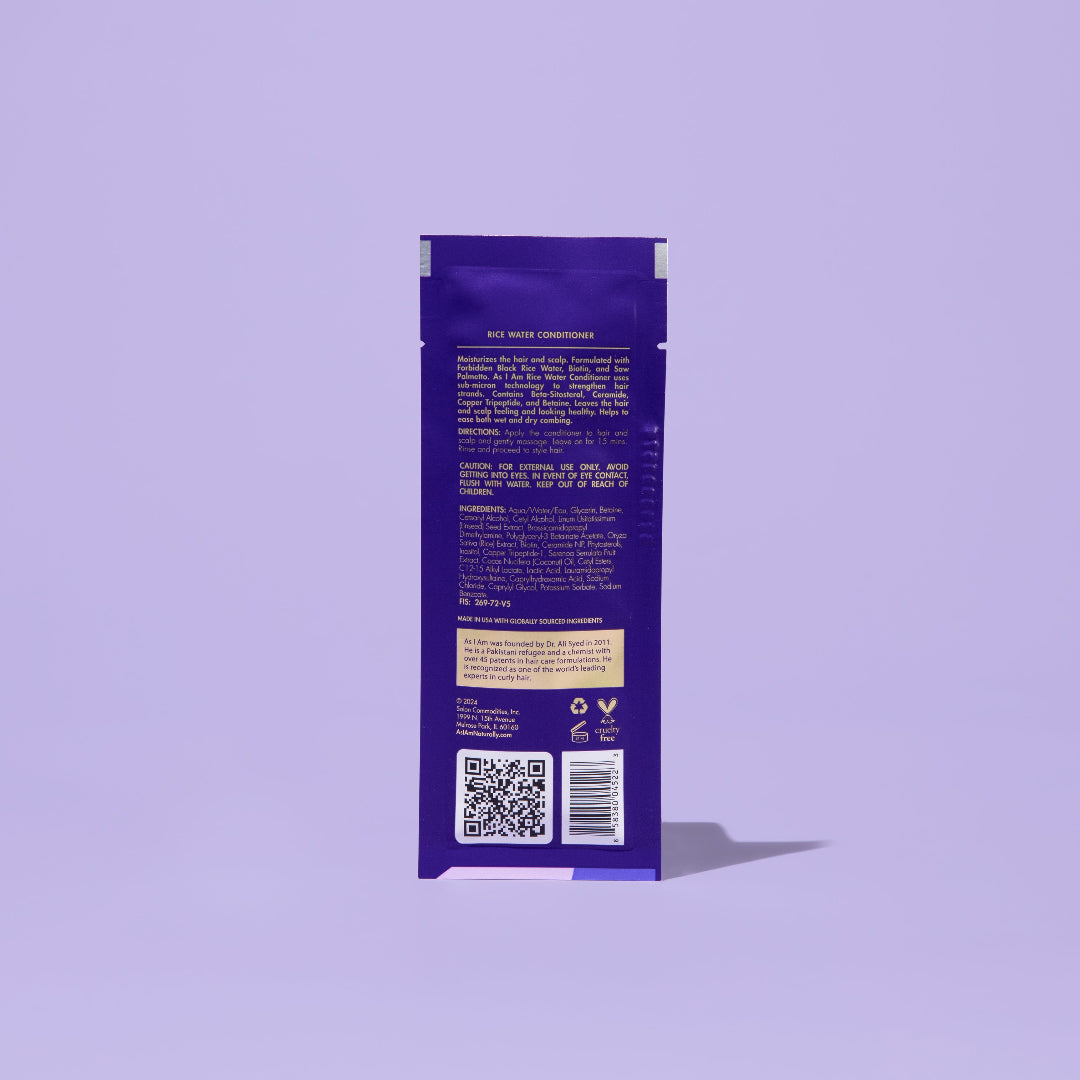 AS I AM Rice Water Conditioner in a 1 oz sachet, featuring a creamy, rich texture with a pearly white finish—formulated to deeply moisturize, strengthen, and detangle textured hair while promoting hair growth, preventing hair loss, and fighting hair breakage.