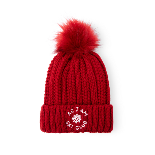 Ski Club Satin-Lined Beanie in Red, designed for warmth and hair protection with a smooth satin lining.