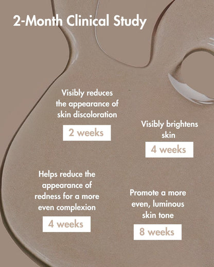 Envase de un producto cosmético con los beneficios del estudio clínico sobre un fondo beige