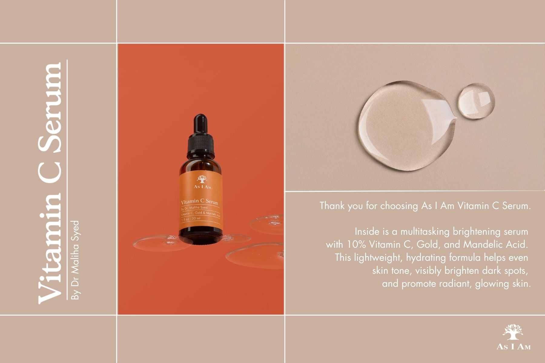 Vitamin C serum bottle with dropper on an orange background, surrounded by text and product images.