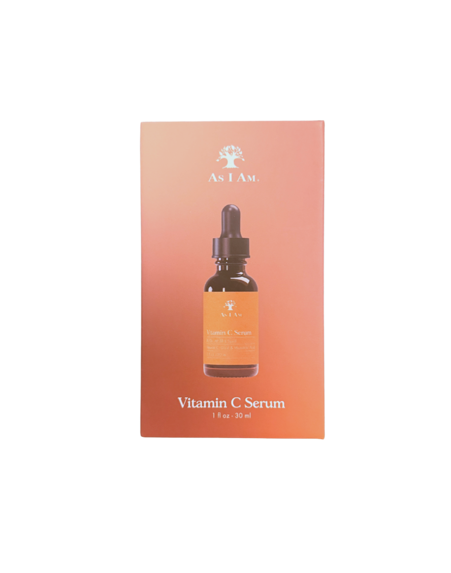 Box of As I Am Vitamin C Serum with a dropper bottle on an orange background