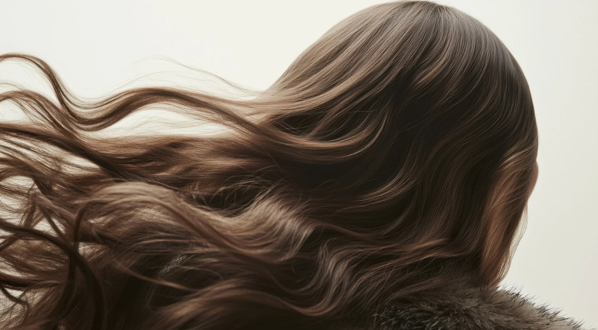 Close-up of wavy brown hair with a neutral background