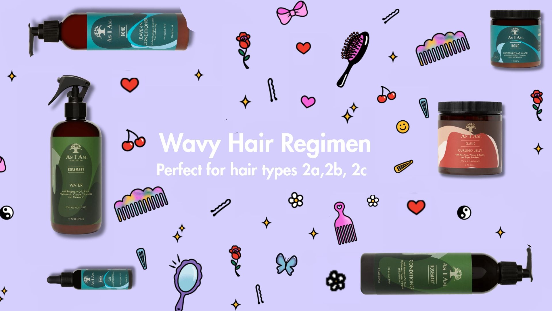 Wavy Hair Regimen products on a purple background with hair care icons.